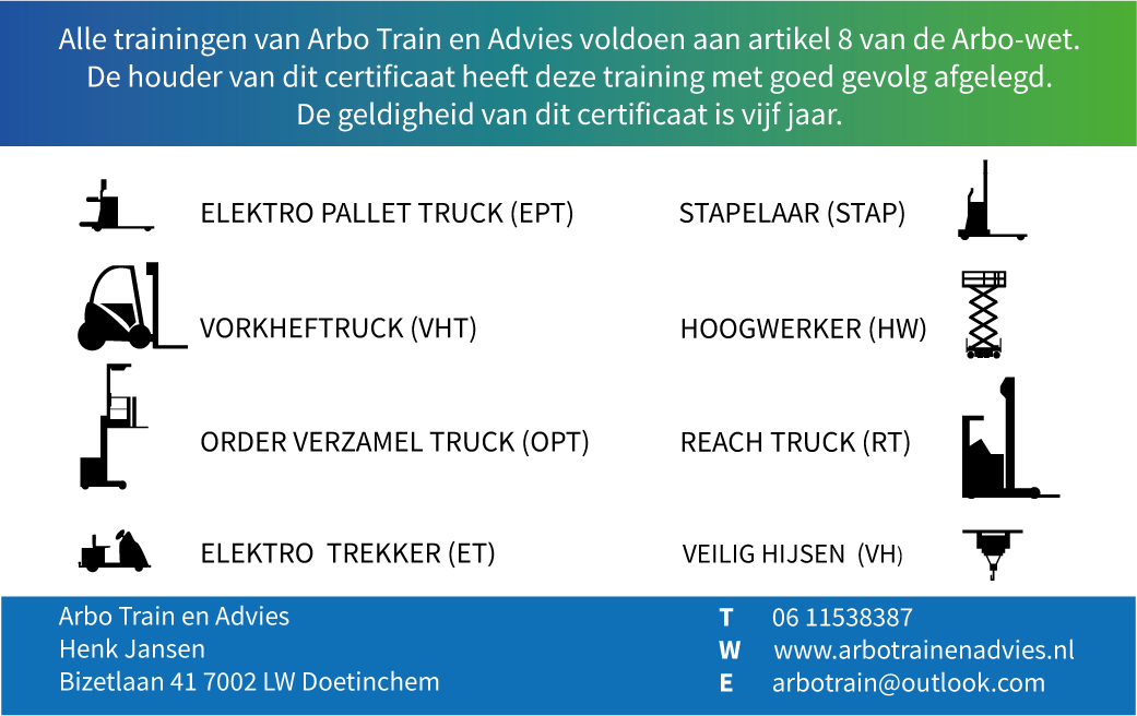 Achterkant van het Arbo Train certificaat met machine-categorieën